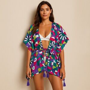 America & Beyond Geo Toucan Viscose Kaftan Kimono Cover-Up Tassel Hem Size S NWT